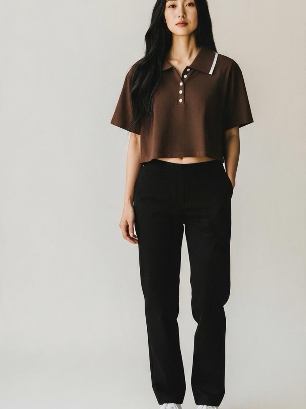 SHEIN Brown Cropped Polo Top with Contrast Trim